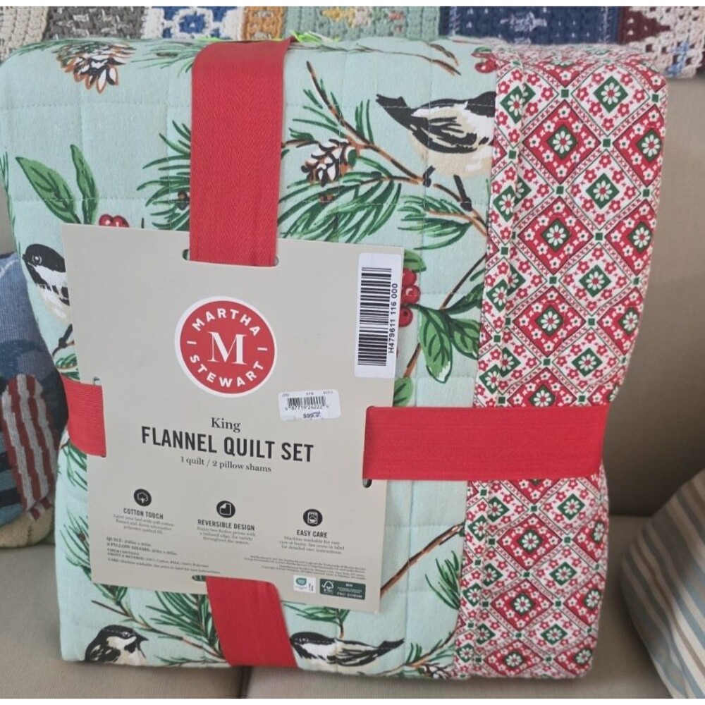 NWT Martha Stewart King Flannel Quilt Set Green/Red Evergreen 3 Pc 100% Cotton